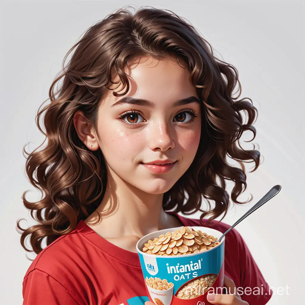 An south america girl age 20withsoft curl hair side pose,wearing a red tshirt  eating instant oats , 2d realistic art
