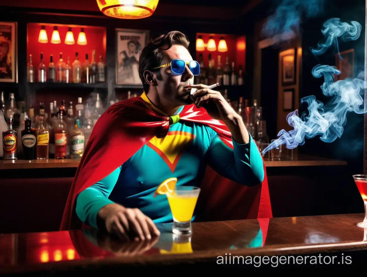 Visibly sloppy Drunk Male Generic action hero, colorful costume with cape, drinking a martini, smoking cigarette, sitting in a bar, seen from across the room