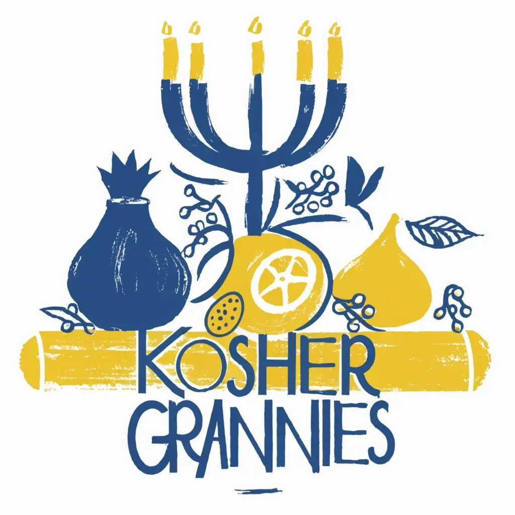 logo, Israel, yellow, blue, white, Menorah with 7 branches, Paul Klee, pomegranate, fig, lemon, star of David, on tablecloth, Jerusalem, with the simple text 'Kosher Grannies', typography, be used in the automotive industry