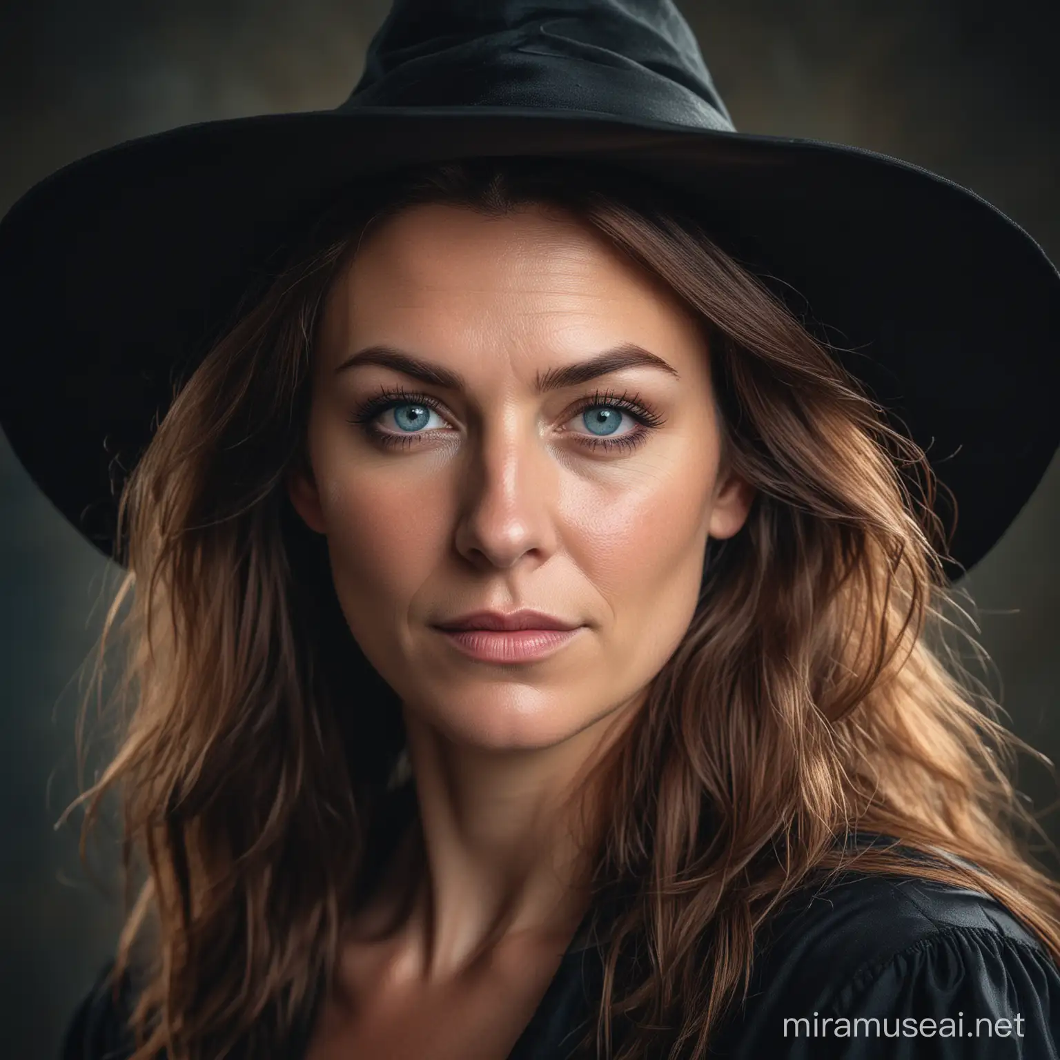 Vibrant Portrait of a 40YearOld Wild Female Witch with Brown Hair and Blue Eyes