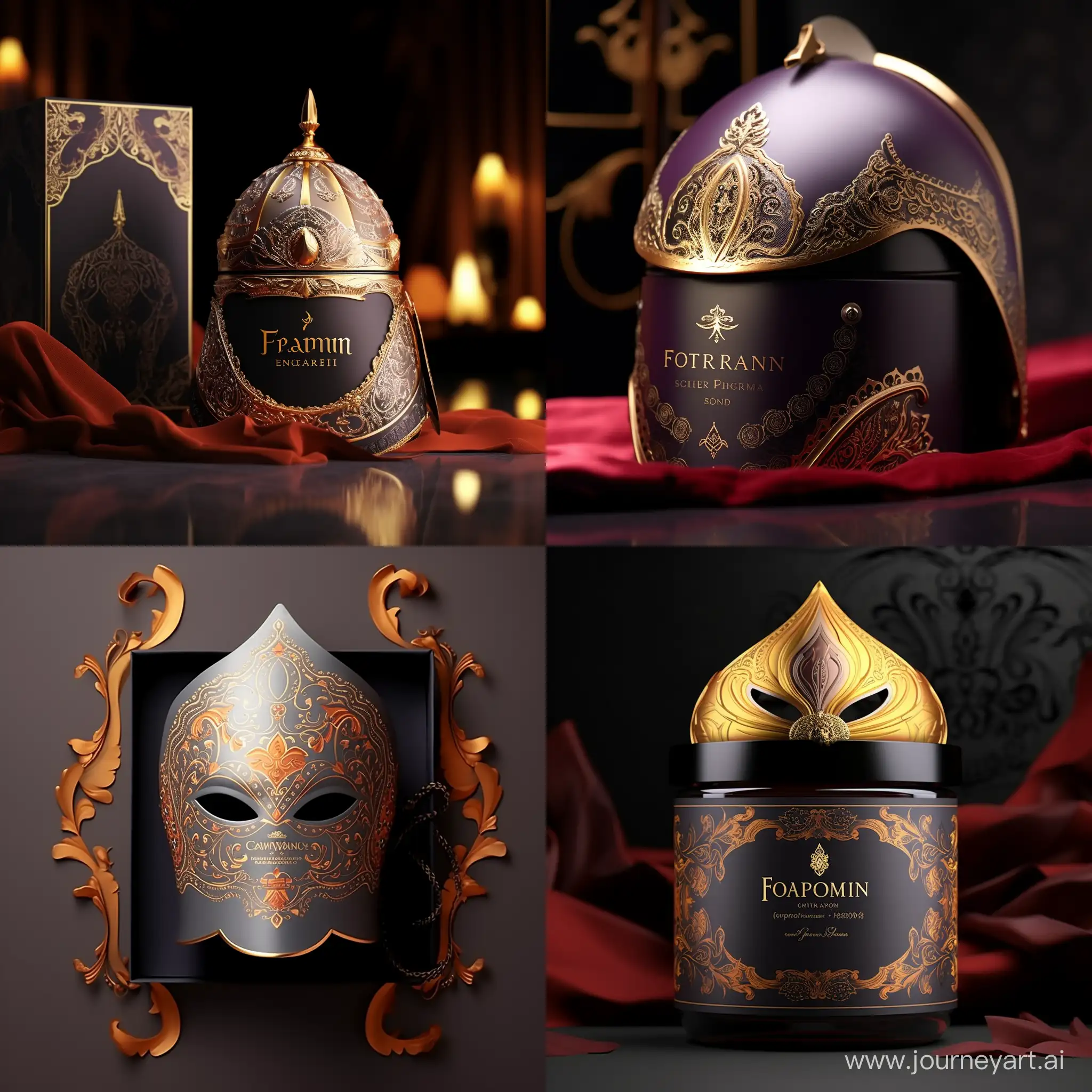 create me an image of a design for luxurious packaging for traditional Persian saffron ice cream, inspiration from the form and structure of a Persian helmet to incorporate cultural elements. The design will reflect Persian heritage with a touch of elegance and sophistication. Thank you for giving me the opportunity to work on this project.realistic style