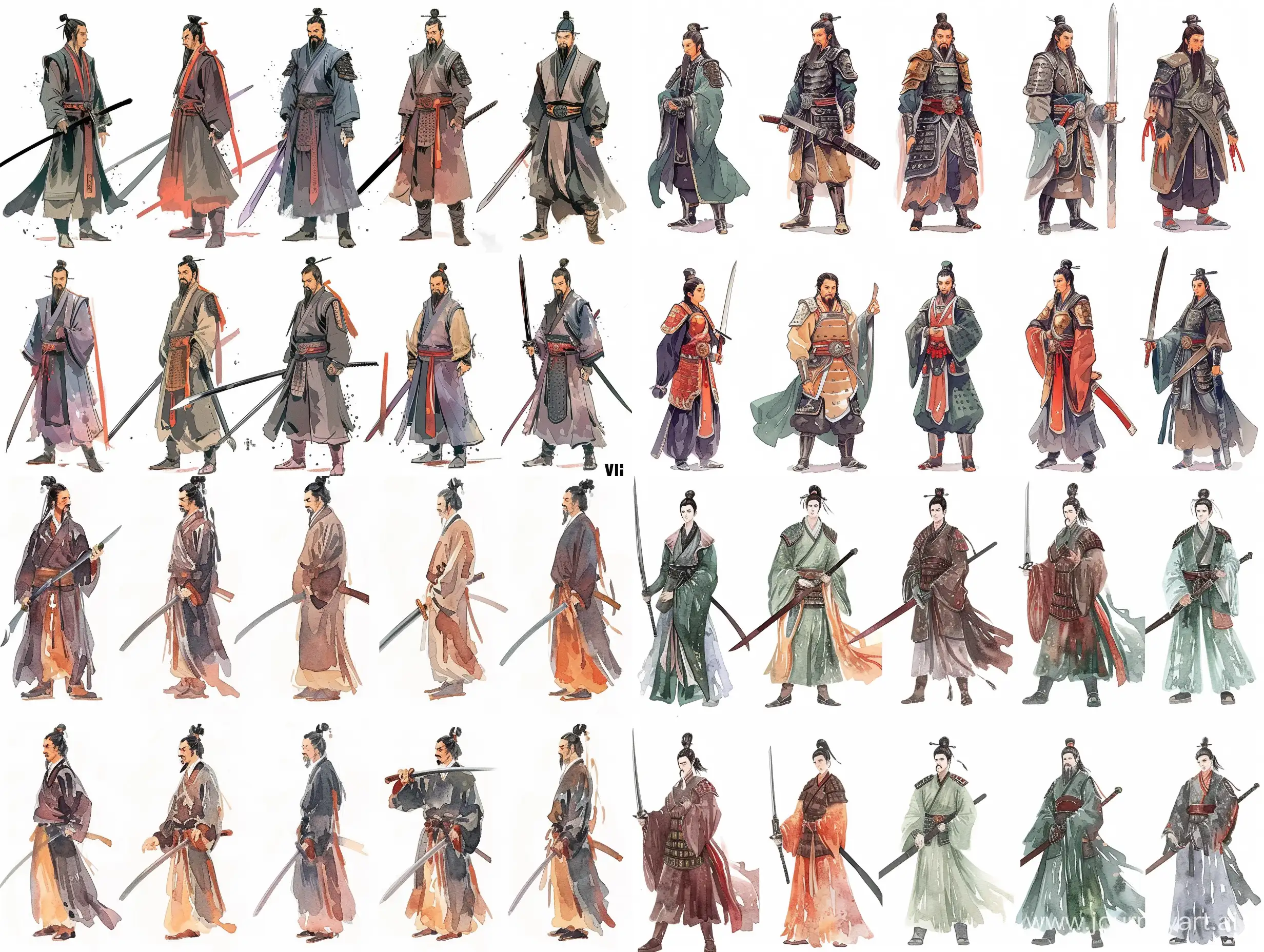 Nine variants of an ancient Chinese warrior, standing tall, holding a sword, stylized caricature, Victor Nagi, watercolor, ink, on a white background, decorative, flat drawing