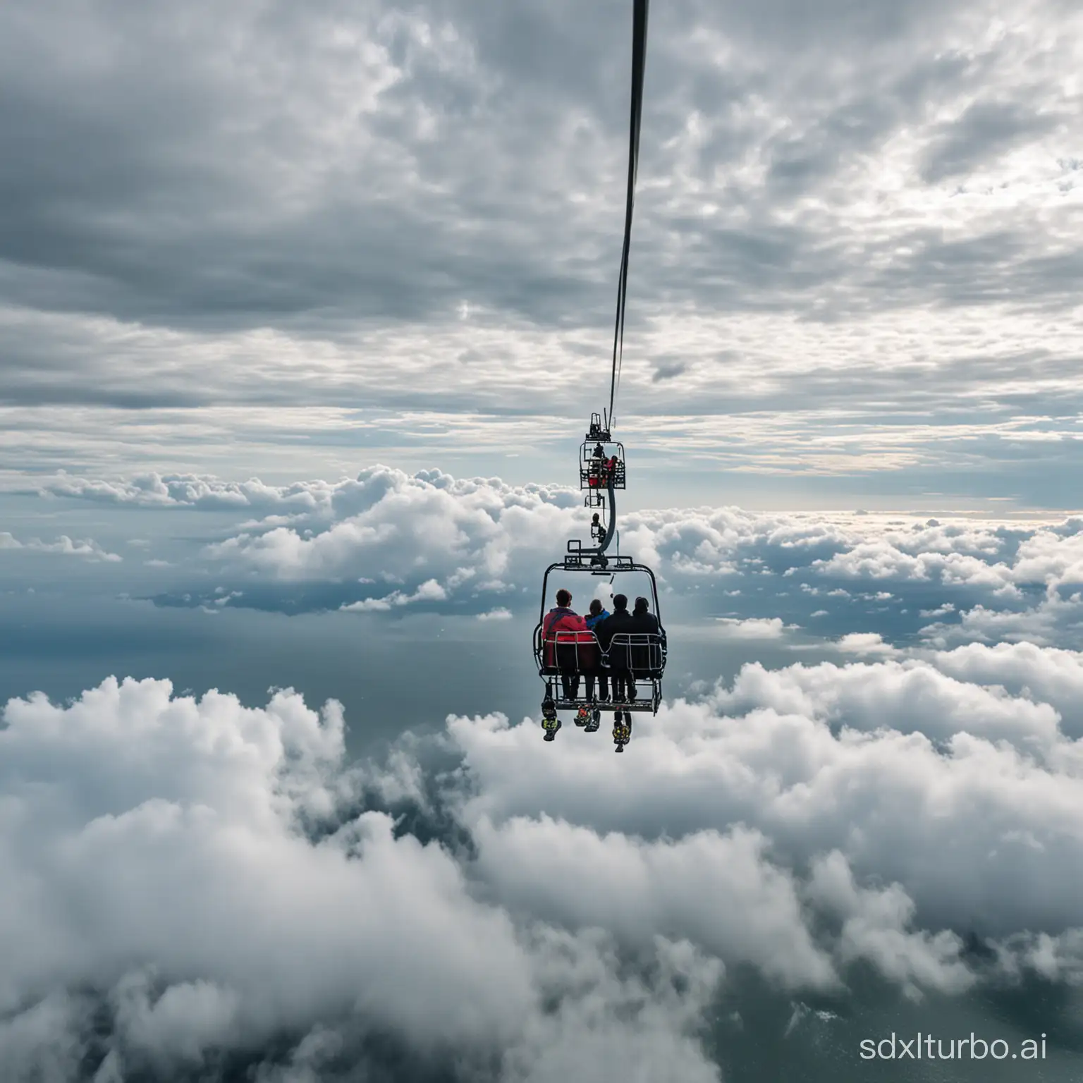 Sitting on the ski lift and flying from the amusement park to the sea, the surroundings include the sea under the clouds.