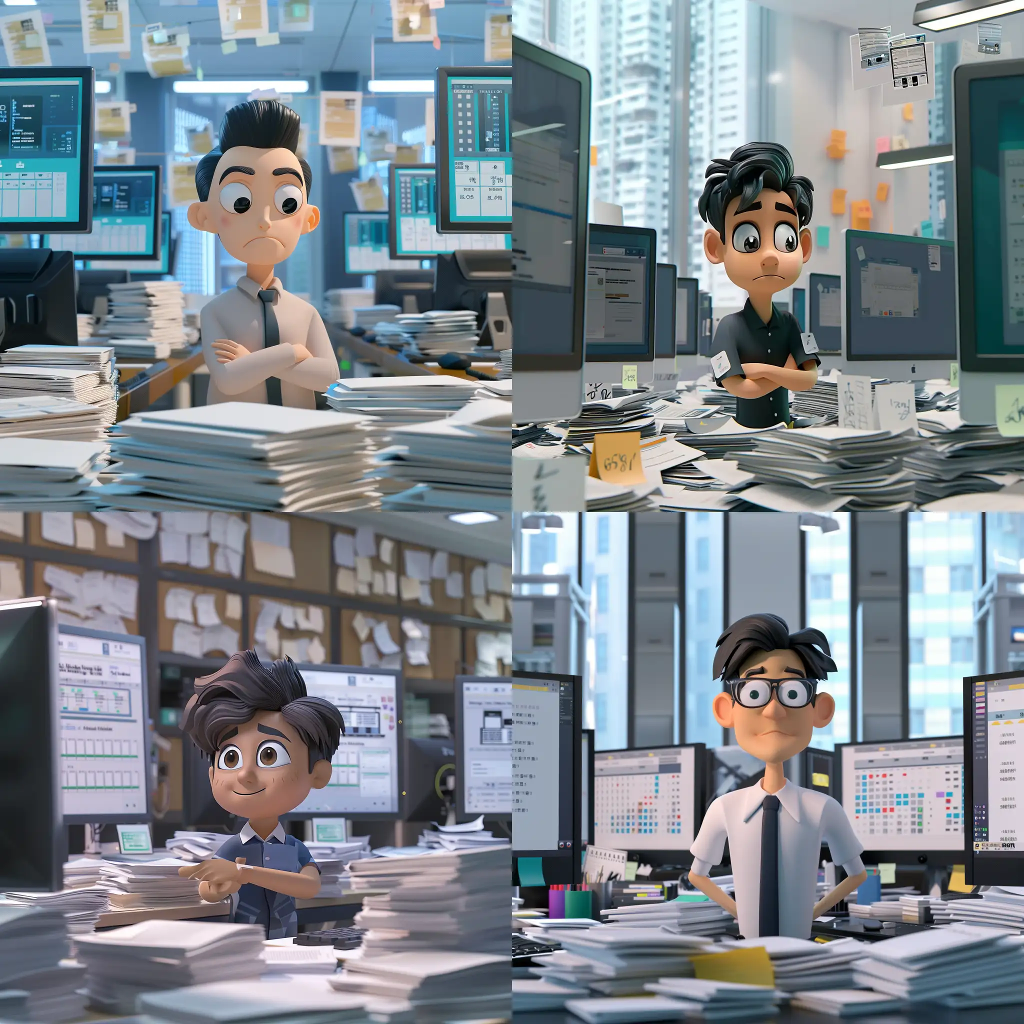 Create a 3D animated character of a plagiarism checker, deeply focused on screening content in a quiet editorial office in Hong Kong. The character should have an attentive and analytical expression, surrounded by large monitors displaying plagiarism checking software and piles of documents awaiting review. Embrace a color scheme enriched with shades around #2563eb to concur with the vigilant ambiance of authenticating originality.
