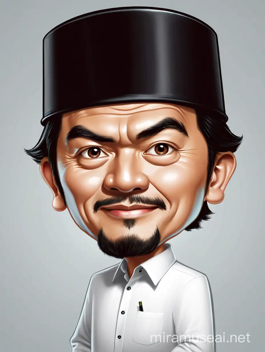 Caricature Portrait of a Man in Traditional Black Songkok and White Shirt on Gray Background