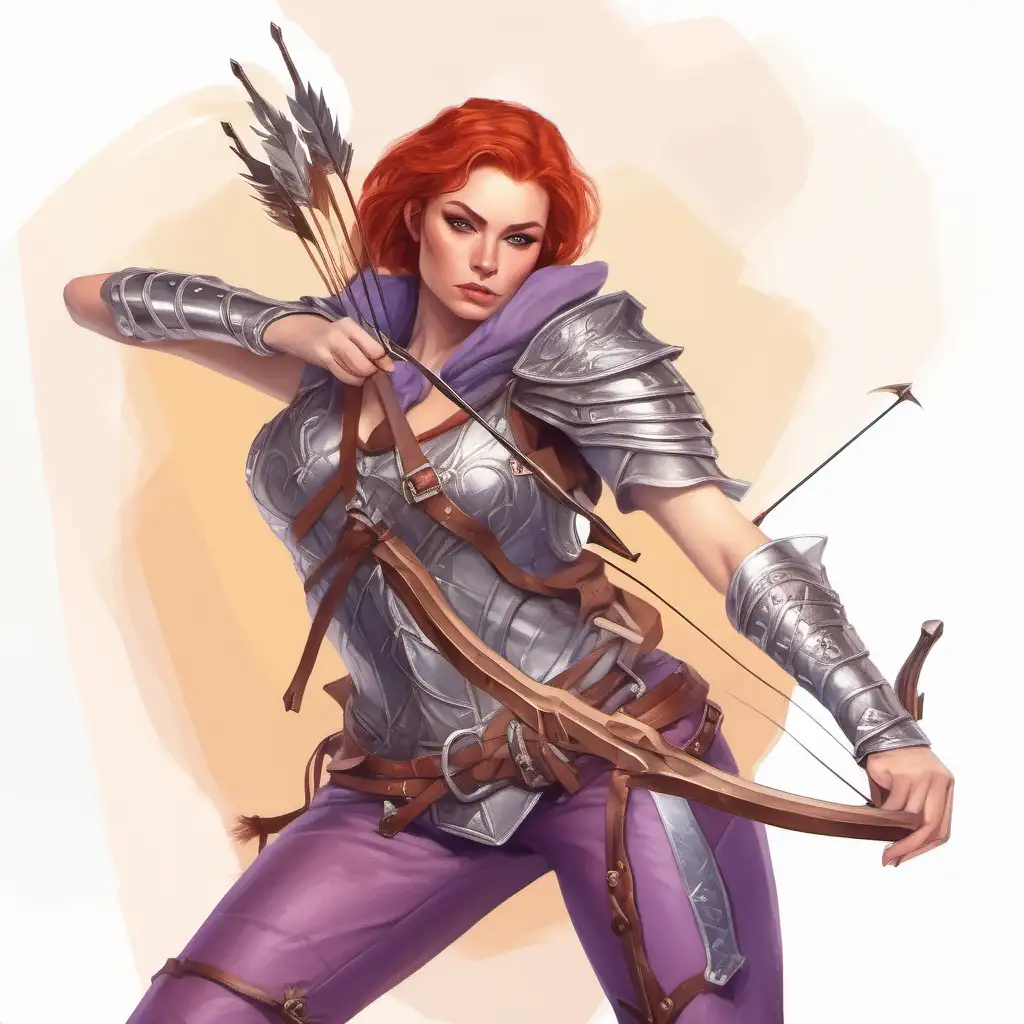beautiful young woman, red hair bobcat, fantasy rogue, leather armor, bow and arrows, purple trousers, fantasy Medieval painting