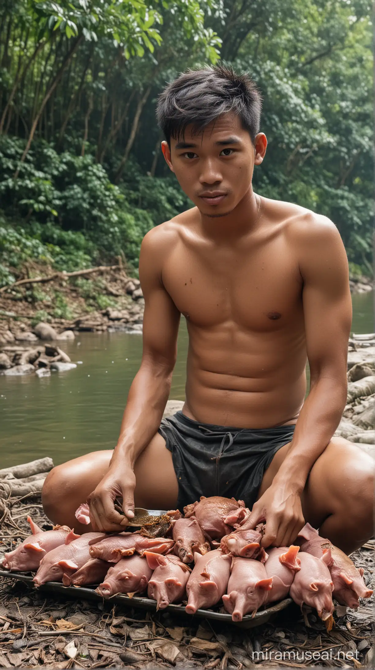 Seorang pria indonesia usia 24 tahun sedang memakan babi guling, di hutan dan ada sungai, tidak memakai baju, badan nya lusuh,cuma pakai celana dalam saja.
