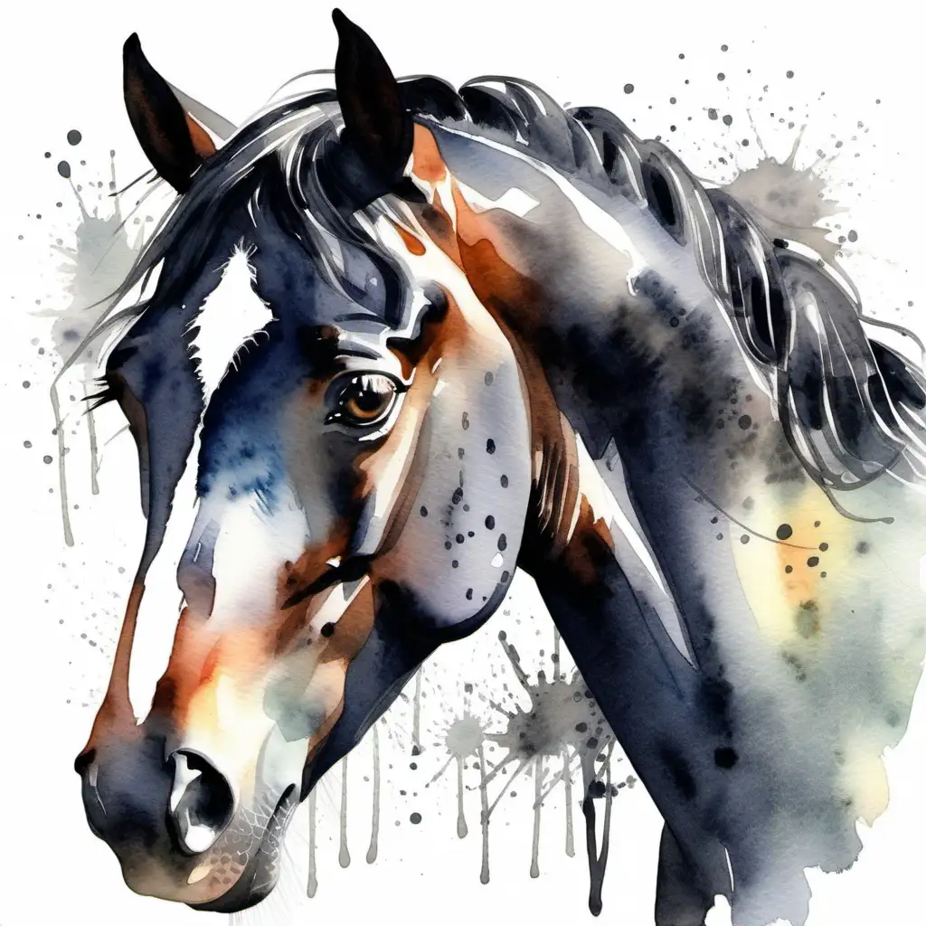 Beautiful Watercolor Portrait of a Black Dapple Horse