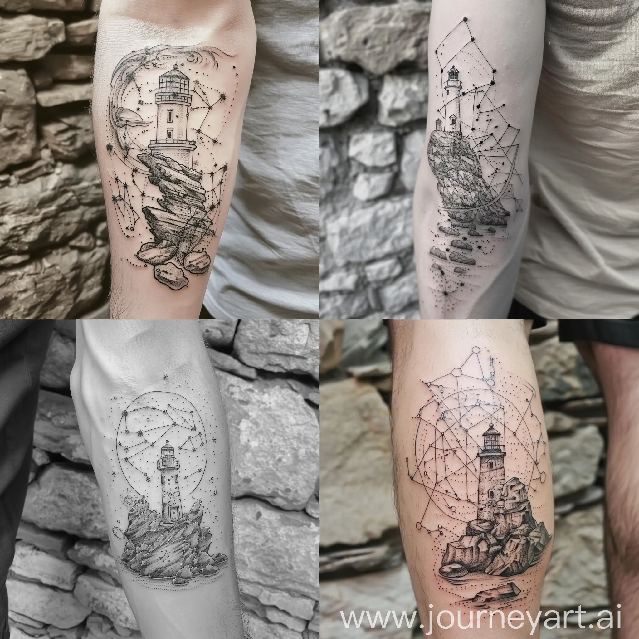 Capricorn-Constellation-Tattoo-on-Lighthouse-Amidst-Rocky-Terrain