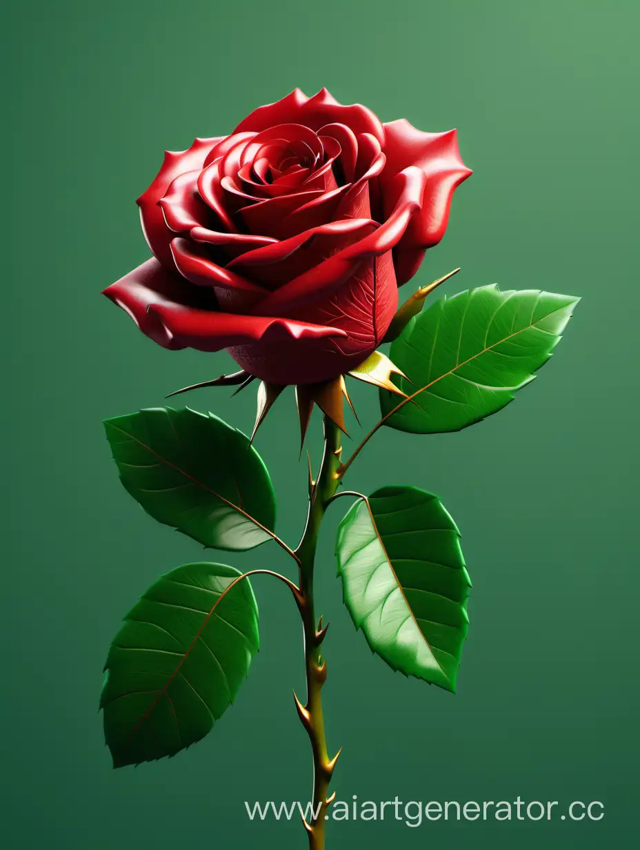 realistic red rose 8k hd with fresh lush 2 green leaves on parrot green background