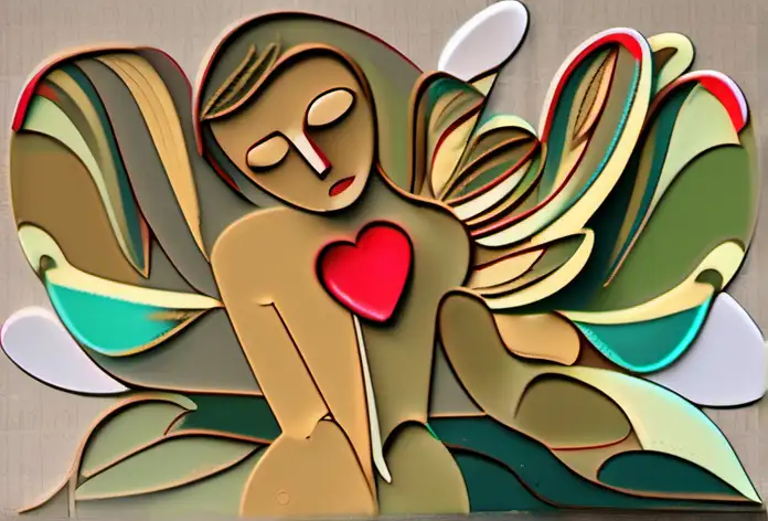 A faceless and genderless loosely painted with a Picasso style with large unorthodox wings irregular in size and shape with wild dramatic brush strokes of clay, bronze and teal greens. With an image of a red heart like image on the chest. With typography the numbers 2.2.2. In sequences  with a sand finish