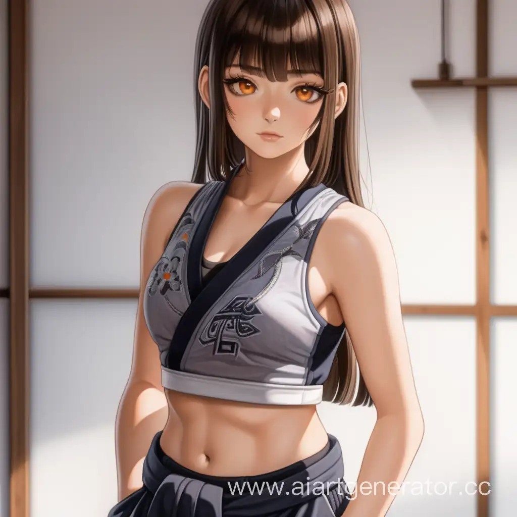 Stylish-Brunette-in-Hakama-Pants-and-Sports-Tank-Top