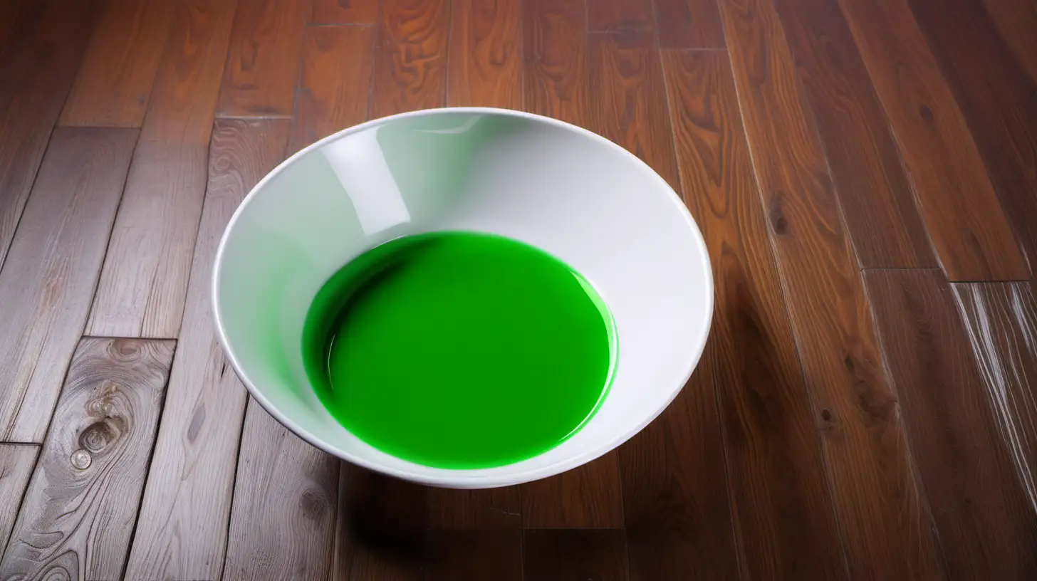 White bowl with green shiny liquid on wood floor.
