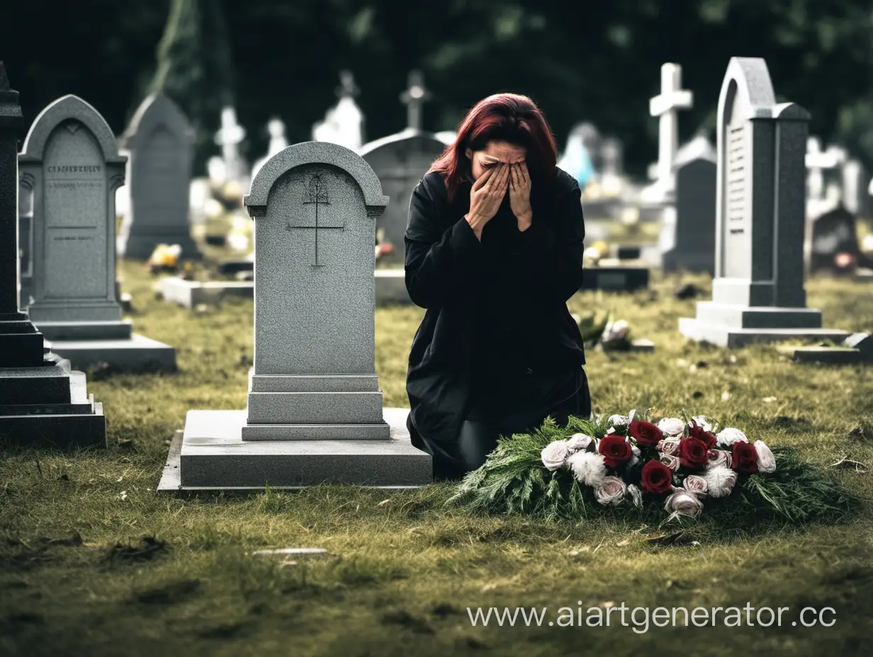 A woman is crying at the grave in the cemetery