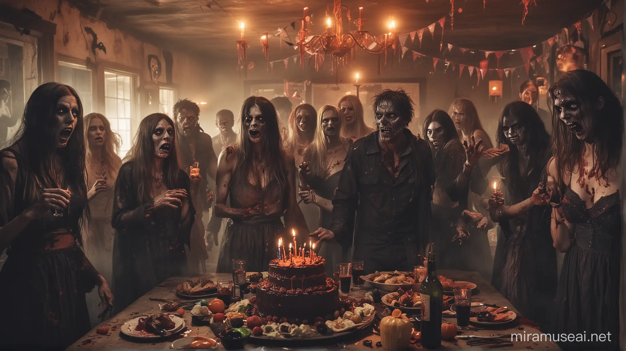 Des zombies et des démons en train de faire la fête à un anniversaire dans une ambiance halloween glauque