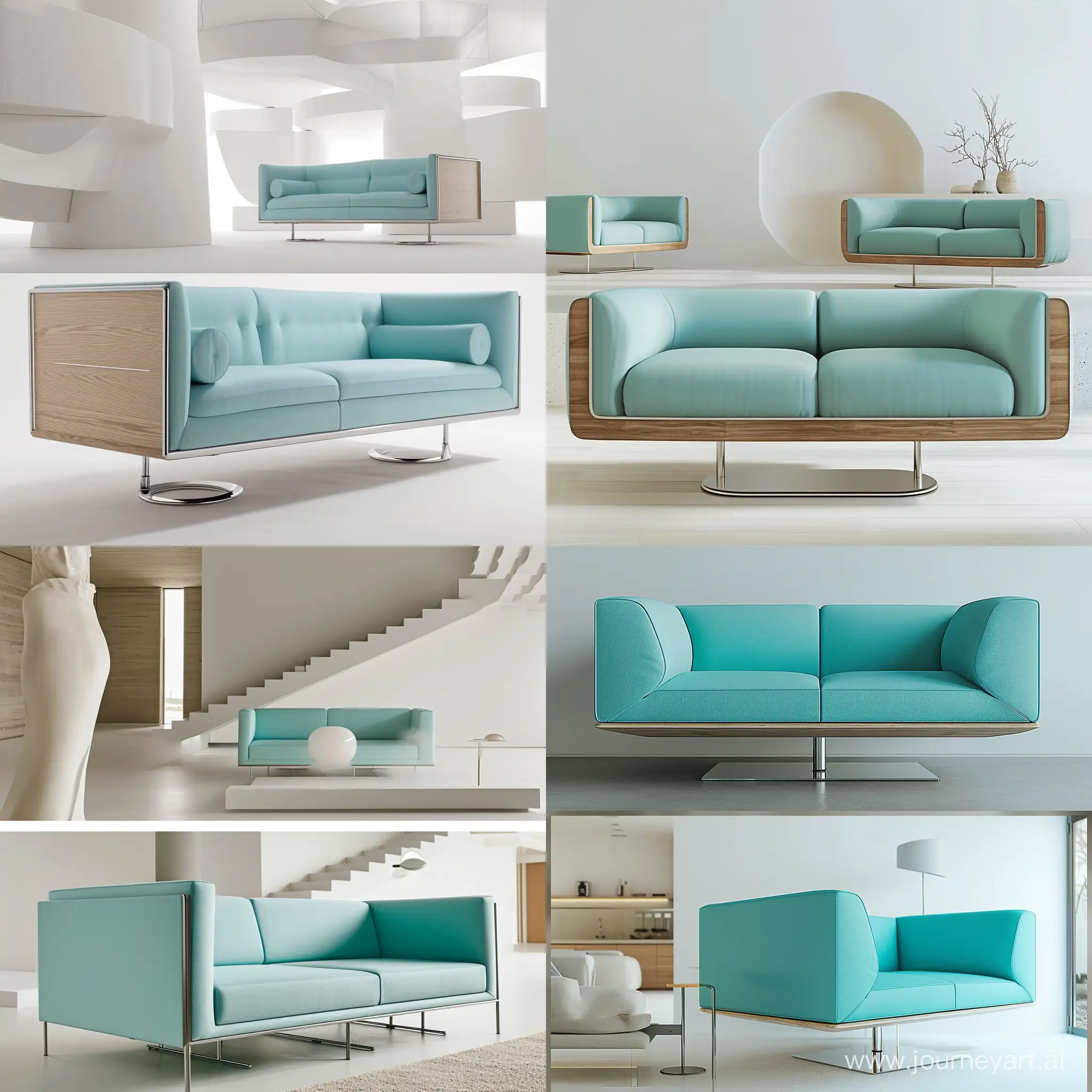 Design a modern and minimal sofa. The cover of this sofa must be made of beech wood. The bases are metal and inspired by Herman Miller's design style. The color of the sofa is Tiffany blue. Take a photo of this sofa in a modern home where white is the predominant color. The photos should be realistic