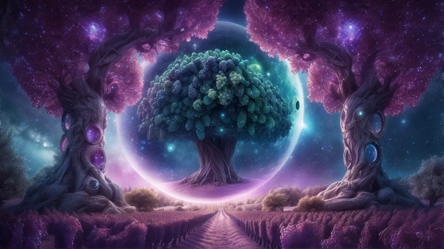 Enchanted Grape Trees Portal Revealing Cosmic Asteroids