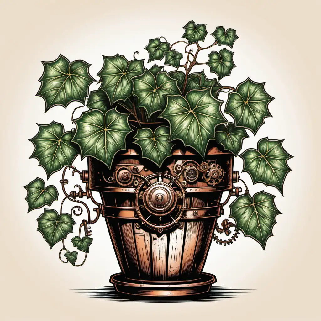 color line drawing of ivy in a flowerpot, in steampunk style
