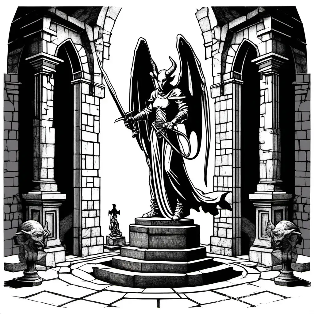 style of 1980 Dungeons and Dragons, plain white background, a statue of a tiefling:angel, in a courtyard, isolated in white, 1bit bw, ink illustration,