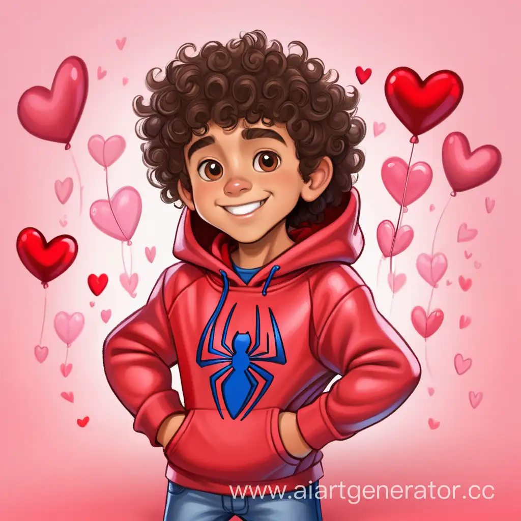 curly/wavy haired Hispanic boy celebrating valentine's day wearing spiderman hoodie