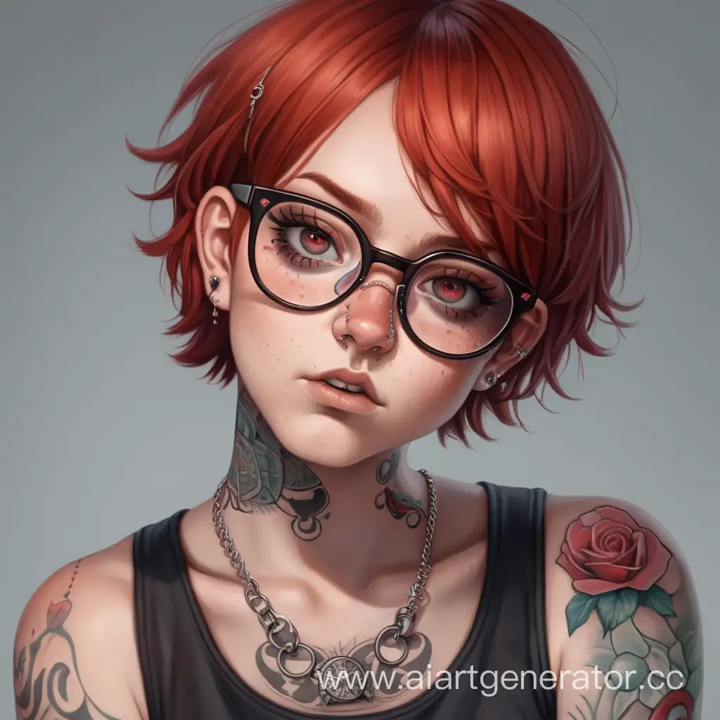 a girl with short red hair. She looks like a guy, or a very cheeky girl. there are a lot of piercings on his face, and tattoos on his arms. Her eyes are gray and she wears round glasses.