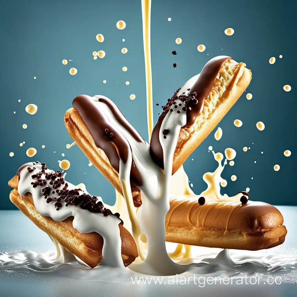Eclairs-Falling-into-Milky-Delight-Sweet-Indulgence-and-Playful-Splash
