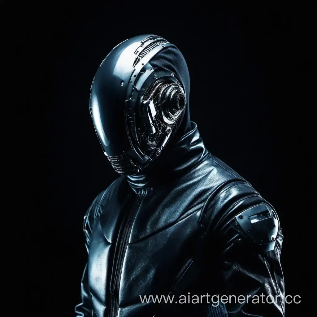 Человек без лица стоит в кибер-костюме на черном фоне
