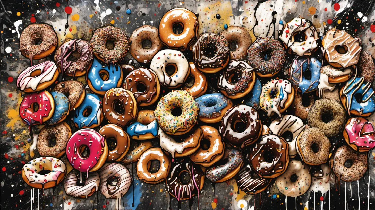 Create a painting in an (Jackson Pollock style) of lots of donuts and coffees—v5
