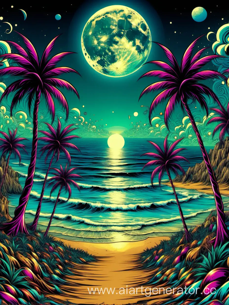 background for flyer, digital art, full moon view, beach party, freaks dance, psytrance, psychedelic, 