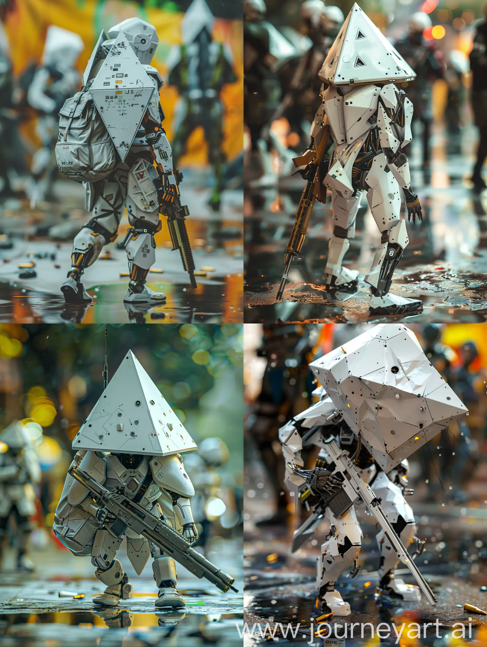 a close up cyberpunk Creative natural lighting, natural daytime lighting, zbrush, 8k, natural environment of a Chinese colourful vibrant forest, with other people, unique angles, epic lighting, ultradetailed, dslr, futuristic, nikon d750, lomo  with a  weapon bag showing a human cybnetic white triangular bioroid super advanced soldier with a triangular shaped helmet and facial interface of artificial components with alien cybernetic enhancements, such as neural interfaces, robotic limbs and ocular implants ,the armor is  revealing the hexagonal  armor which is adorned with intricate detailing, carrying a gleaming rifle to the, amidst reflections on the gritty floor. Each element is rendered in stunning high definition, capturing the essence of the cyberpunk world with unparalleled realism in this digital art piece.