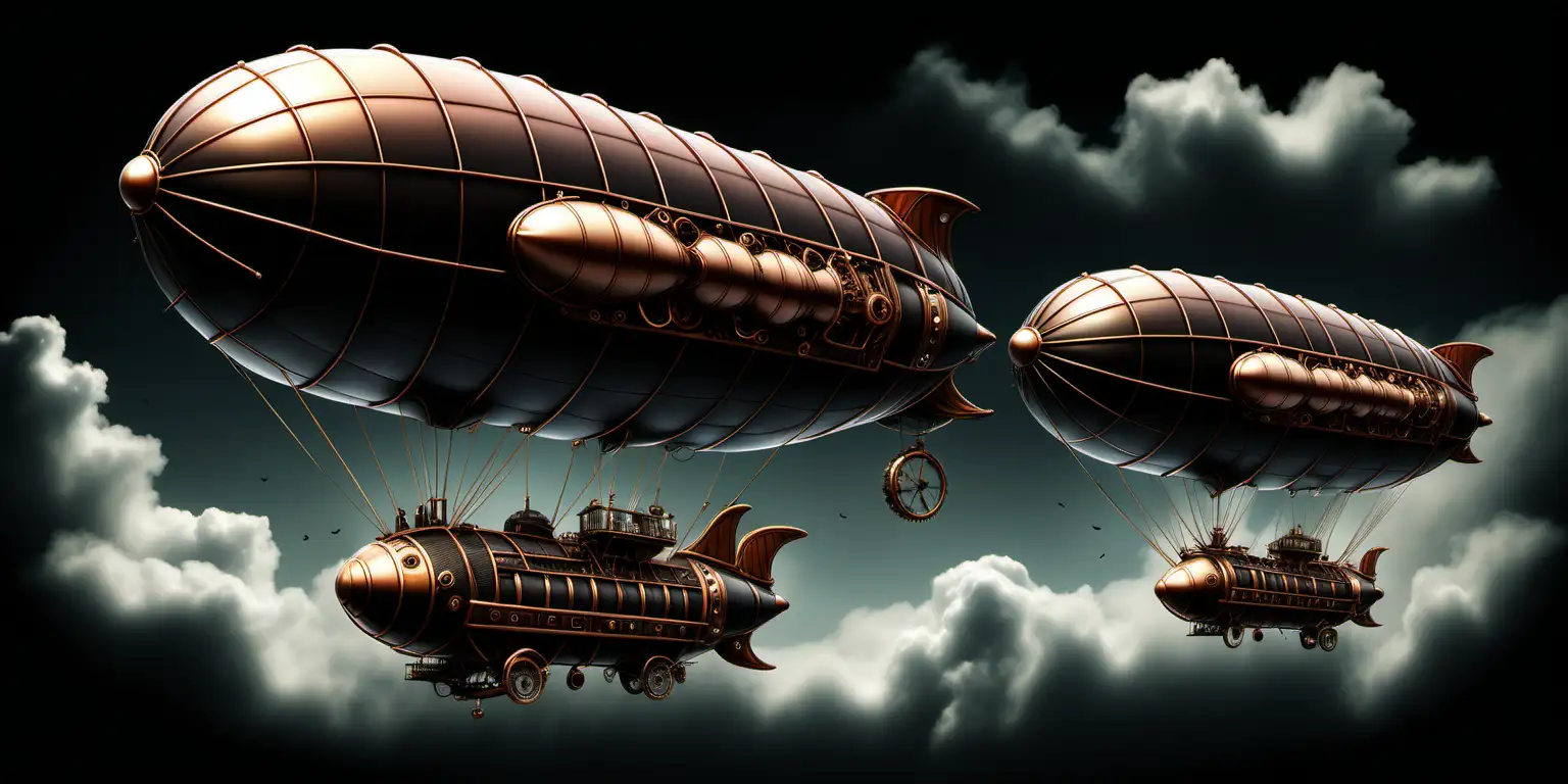 blimps in the sky, style of steampunk, on a black background