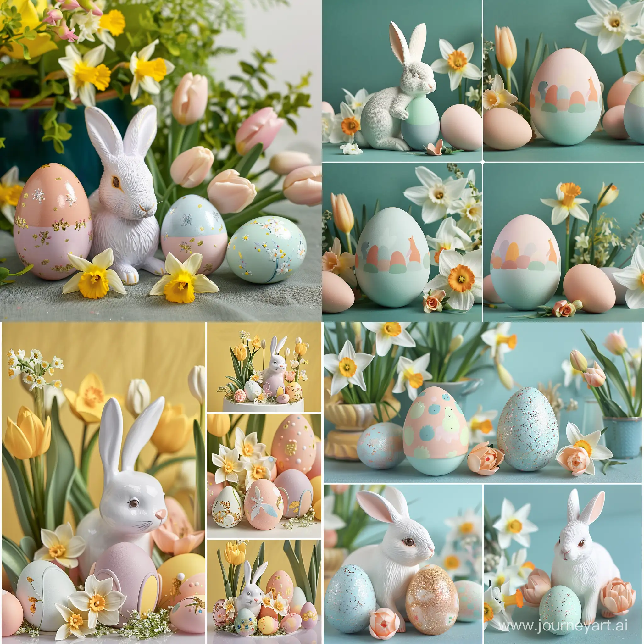 Create an enchanting scene with pastel-painted eggs in the latest Pantone 2024 colors. Showcase the intricate details with multiple angles, incorporating the charm of a playful Easter bunny and the freshness of spring flowers like tulips and narcissus