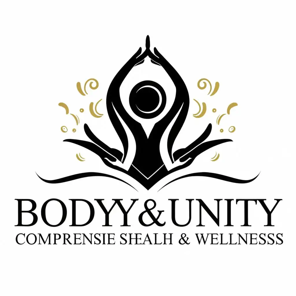 logo, massage therapist black and white colour, with the text "Body & Unity Comprehensive Health & Wellness", typography, be used in Beauty Spa industry