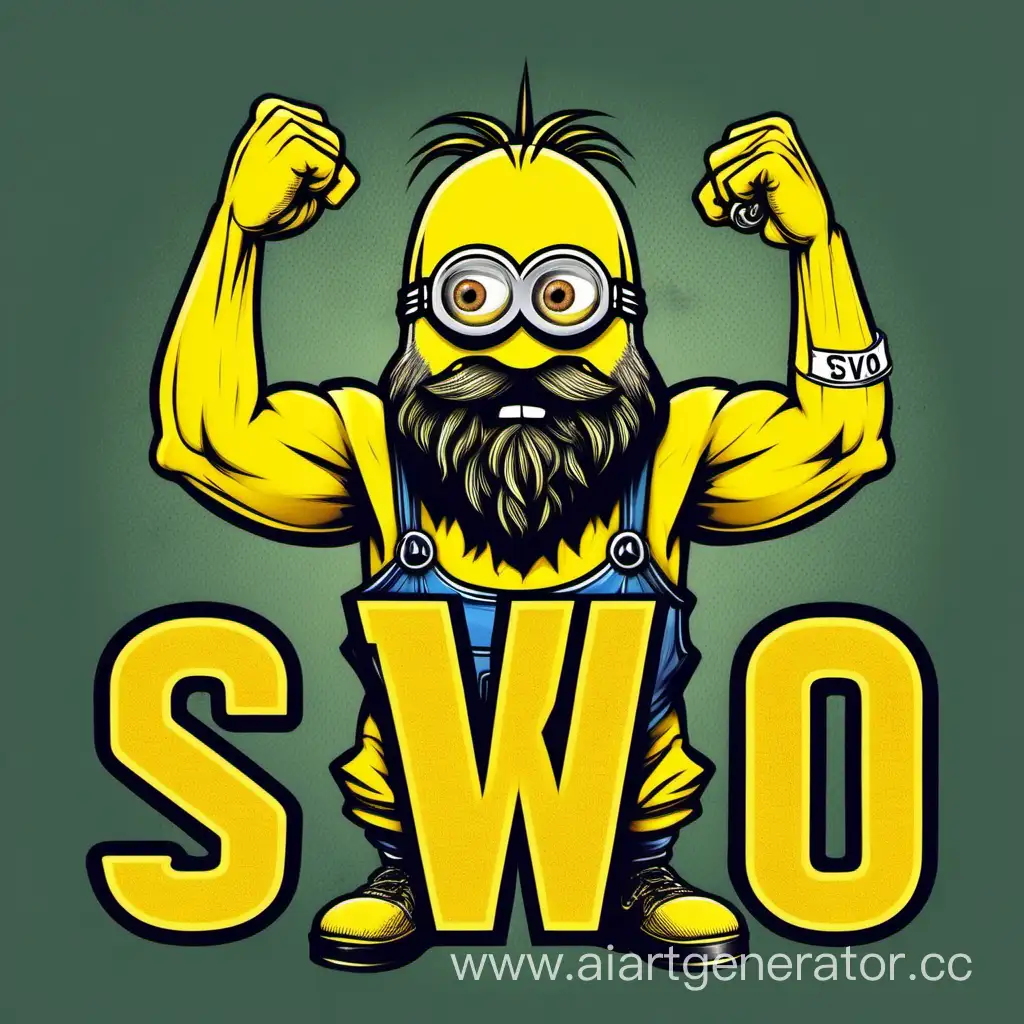 желтый русский бородатый сильно накачанный миньон с венами на руках в футболке с надписью SVO