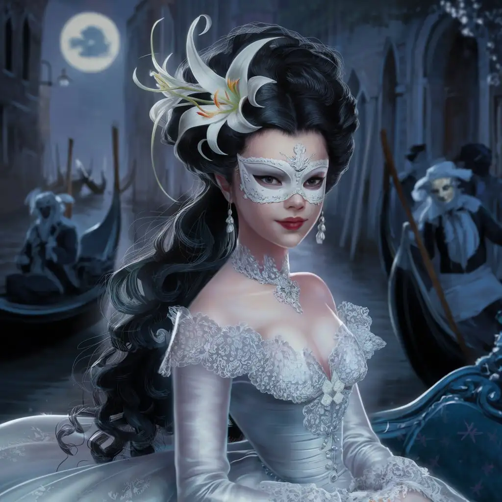 Венеция, 19 век. Красивая девушка лет 19 с длинными чёрными волосами в белом платье и карнавальной маске. Белые лилии.