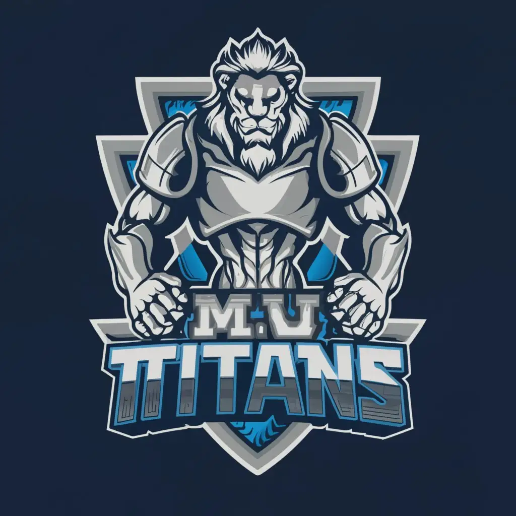 a logo design,with the text M.V TITANS, main symbol:"Humanoid Robot lion robot" Navy blue and white primary colors holding the world on its shoulders as if it was the titan Atlas ,Moderate,clear background, Only include colors blue, white, black, and gray