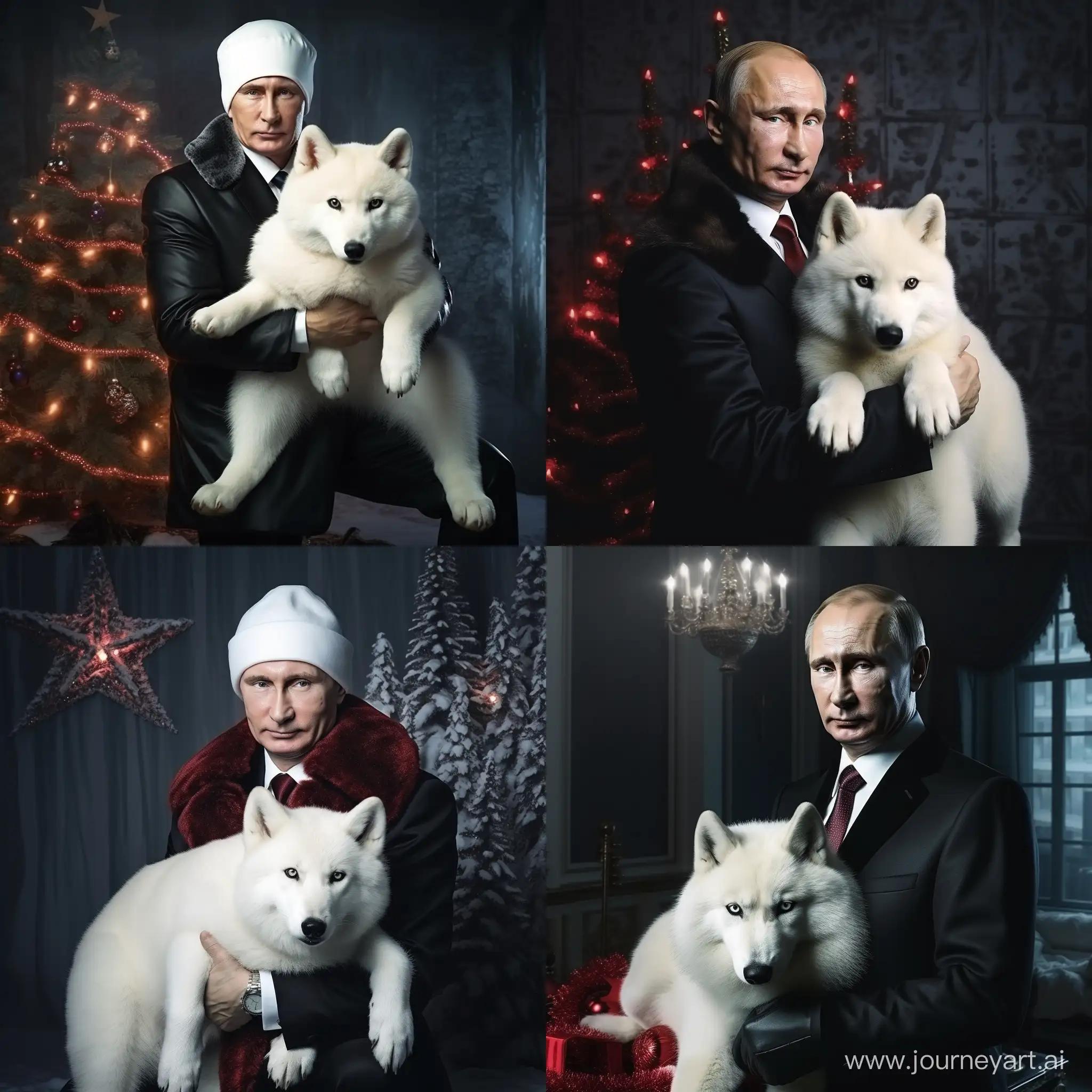 Vladimir-Putin-in-Santa-Claus-Hat-with-Arctic-Fox-Festive-Portrait-in-Cinematic-Lighting