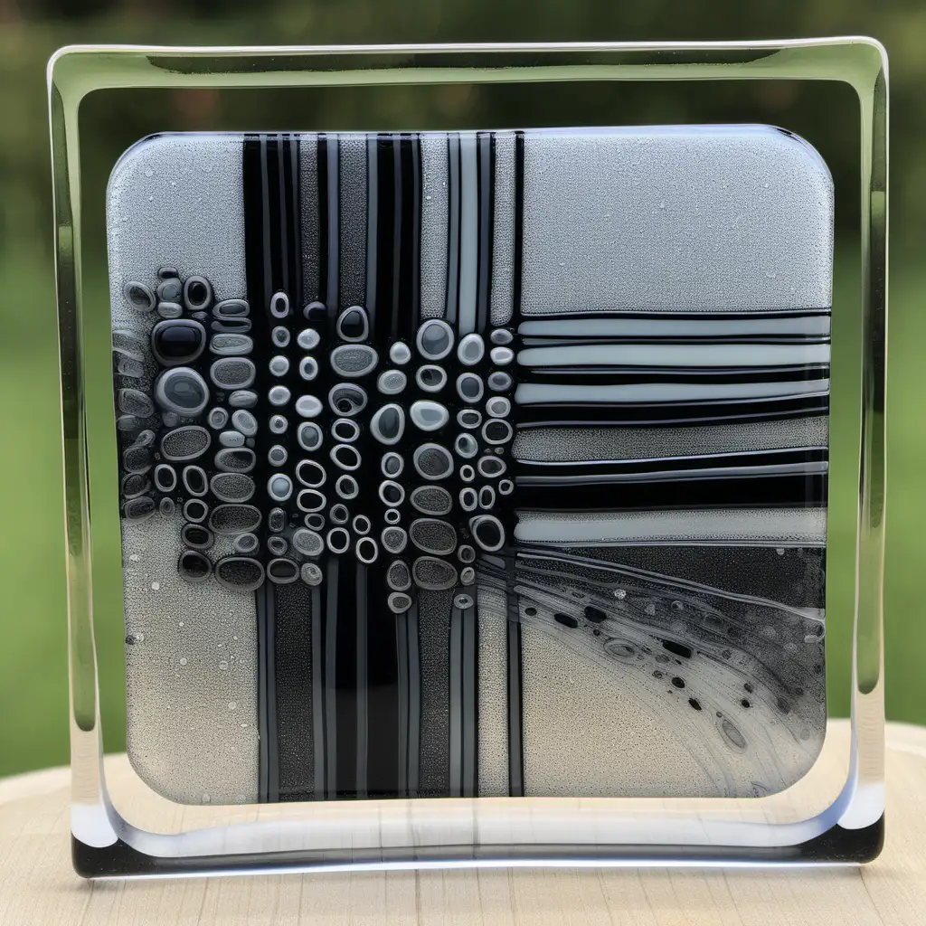 art GLASS HAND DECORATed square COASTER .  abstract design,  shades of black grey and silver