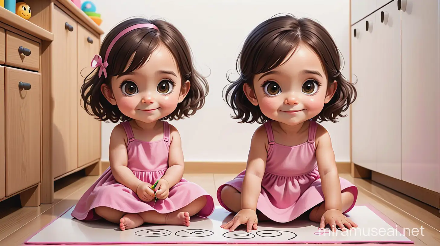 cartoon type , create A smiley female kid have a 3 years old , she is sitting on the floor and drawing on the floor and looking down into the floor, light skin, dark brown big eyes, dark brown hair, pink dress, cartoon type


