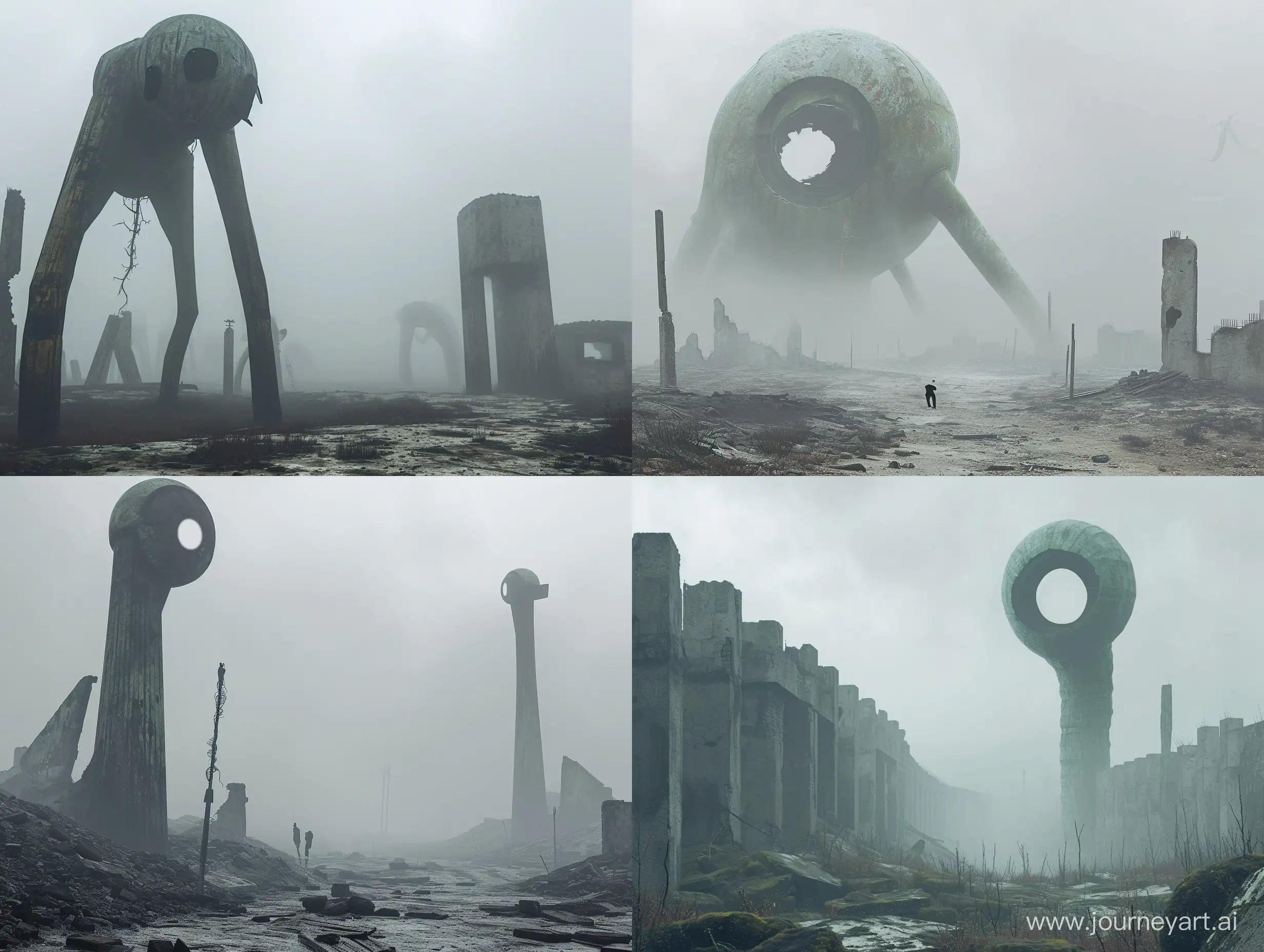  apocaliptic ruined  environment, scp concept , big slender creature, eyesless shade hybrid inspired , by Alex Andreev , conceptual art, fog day