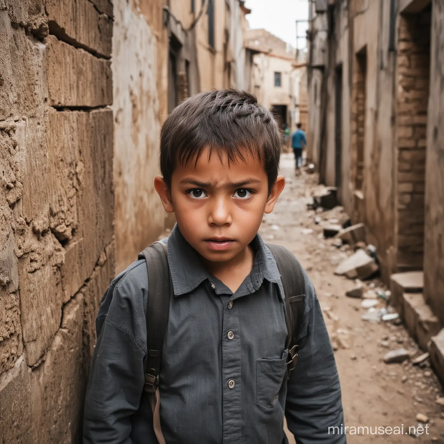 A picture of a child looking at me and behind him children fighting in an old area 