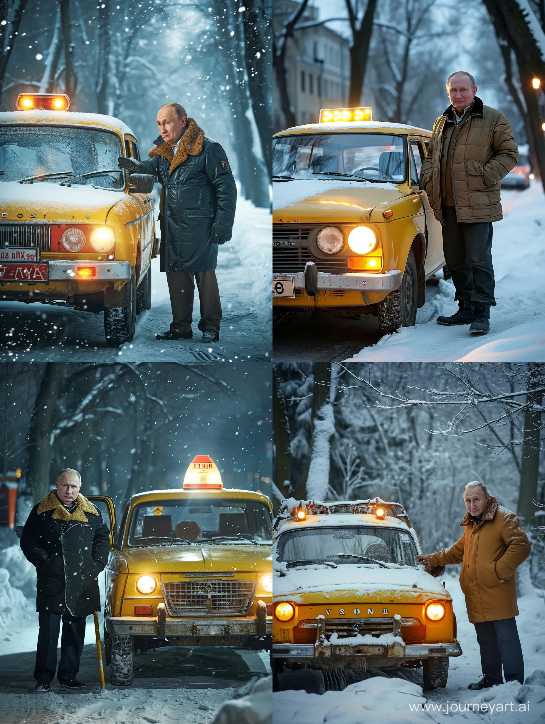 old vladimir putin as a poor russian taxi driver standing next to a yellow lada with lights on, winter
