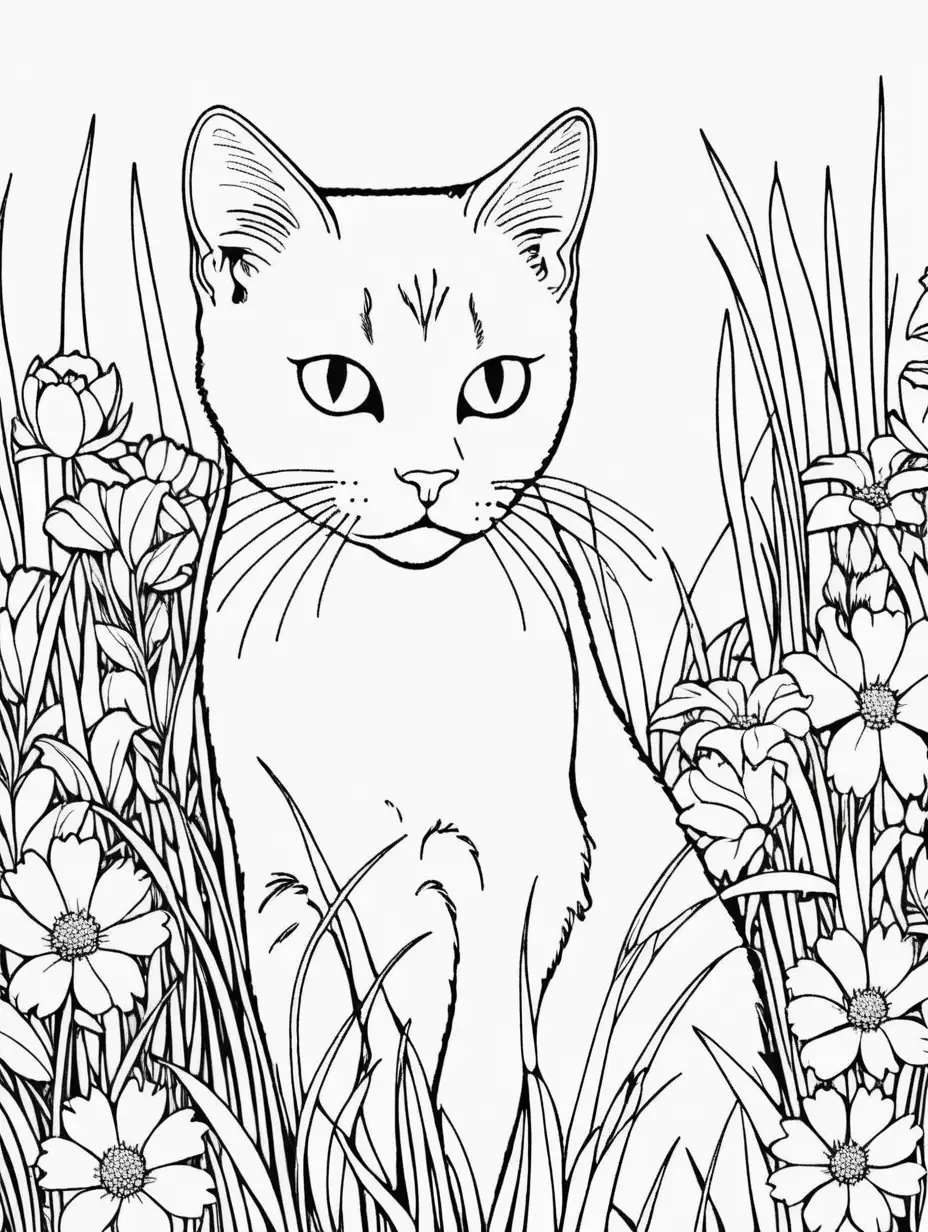 colouring page of cat behind grass and flowers