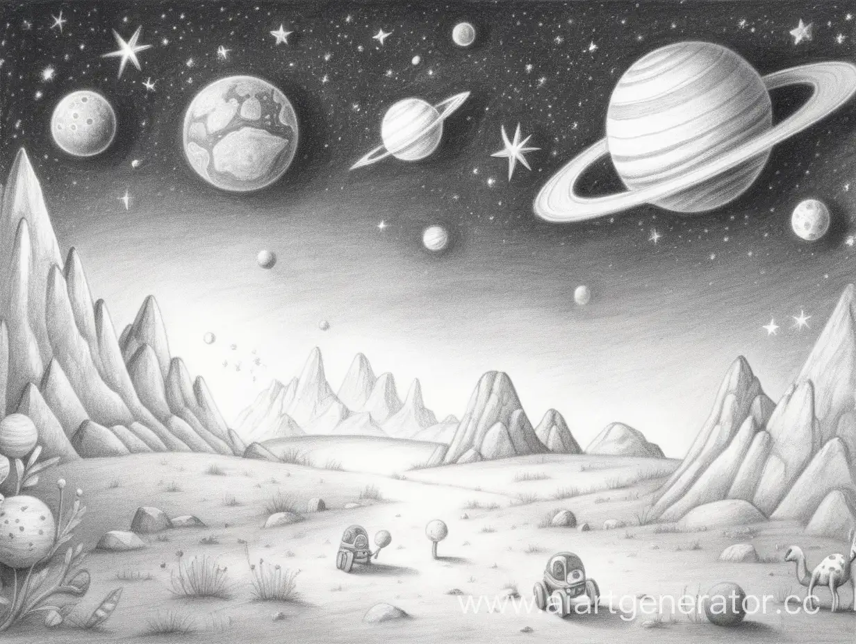 простой детский рисунок выполненный карандашами на тему "космические чудеса"