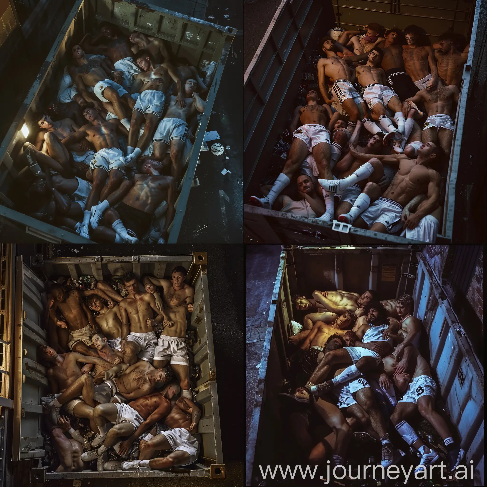 Cinematic lighting, realistic, view from above, close up view of piles of handsome soccer players lying inside a dumpster, good looking fit shirtless male young soccer players wearing soccer shorts ans white socks, bodies lying one above another, handsome football players from different ethnicities and different skin colors, all lying inside a dumpster, sleeping inside a trash dumpster, alley background at night, all wearinng sneakers and white socks