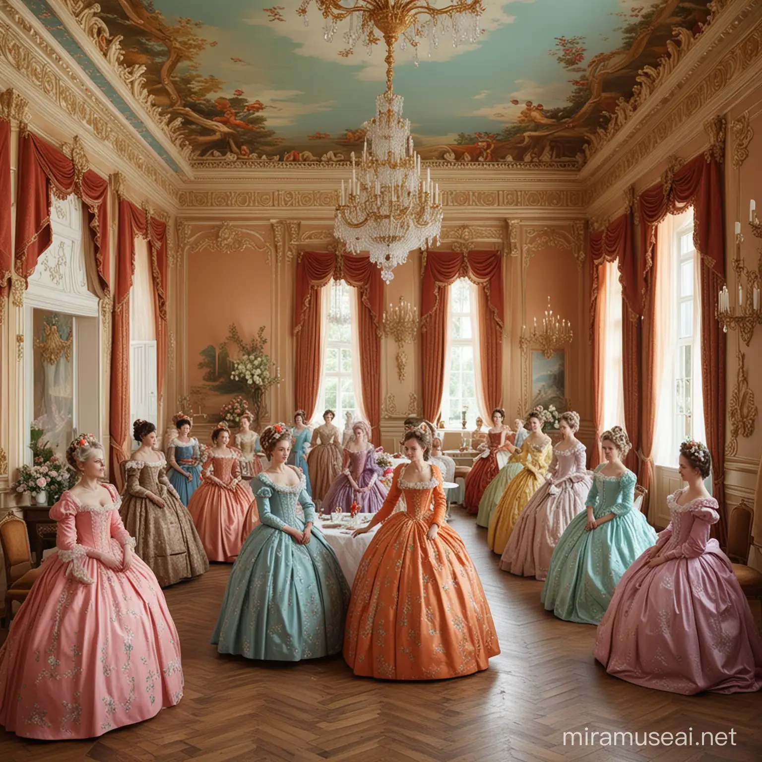 1700 Russian Women in Paper Ballroom Wonderland Scene with Chocolate Tables and Pastel Macaroni Trees