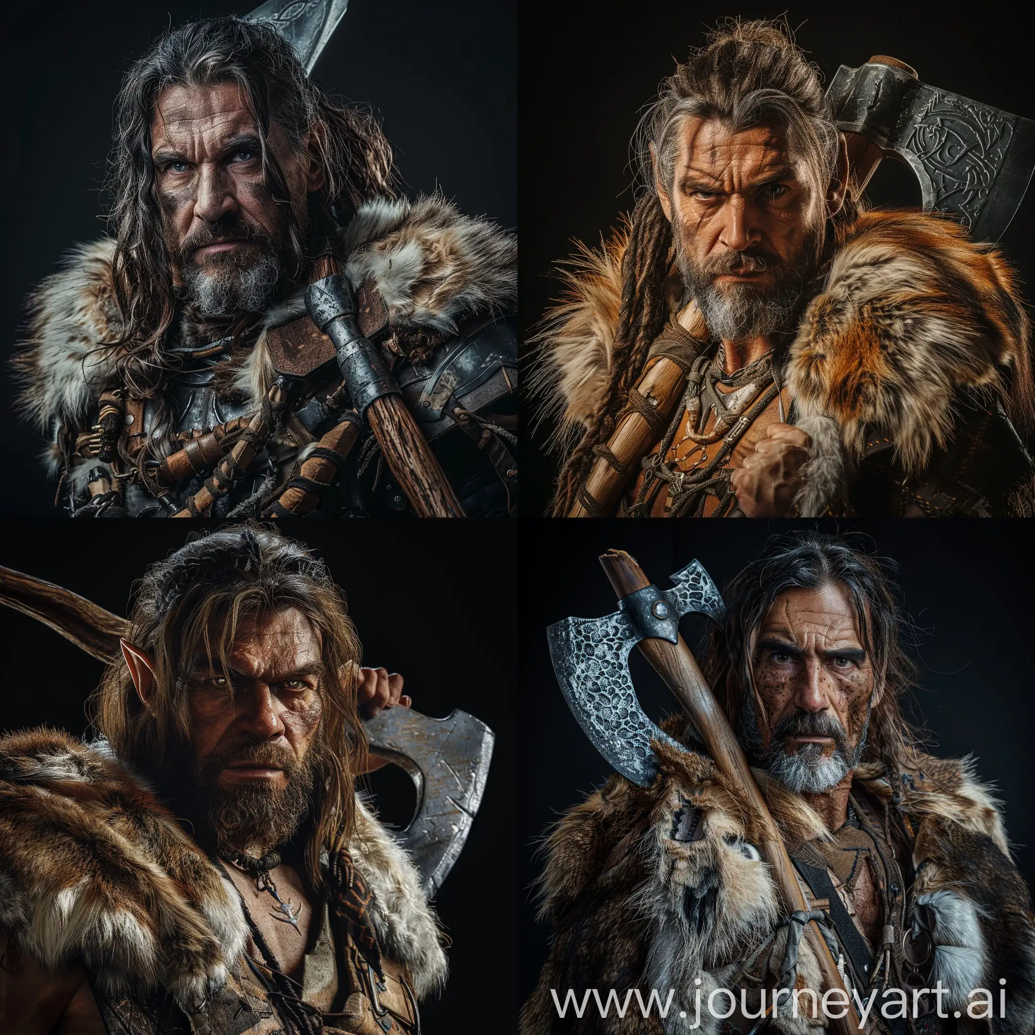 a man with pelt on his shoulders,has a greataxe on his back.middle aged long hair and has a beard.Dnd warrior.staring.Background is black.