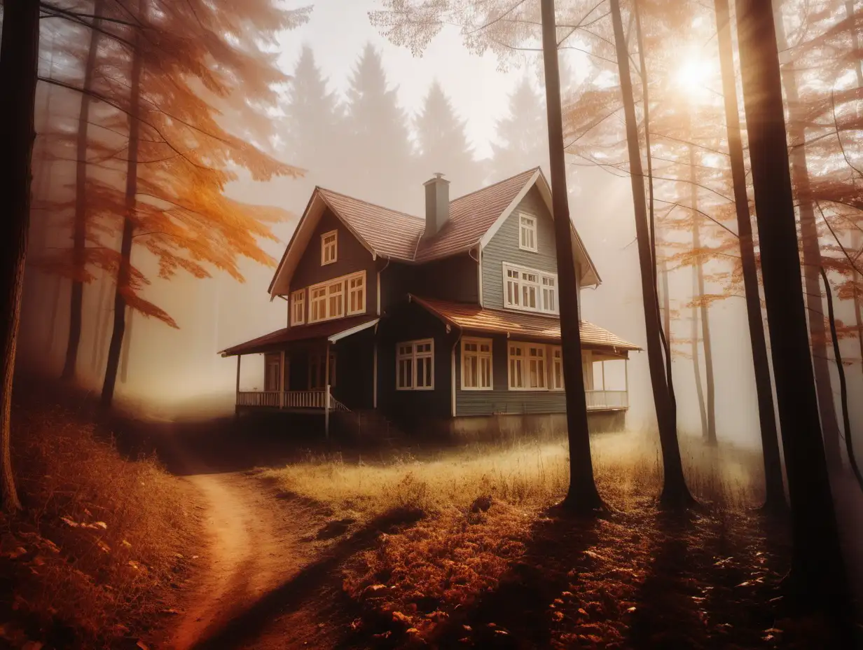 helles bild von Haus im Wald im Nebel. helles Sonnenlicht. in warmen tönen