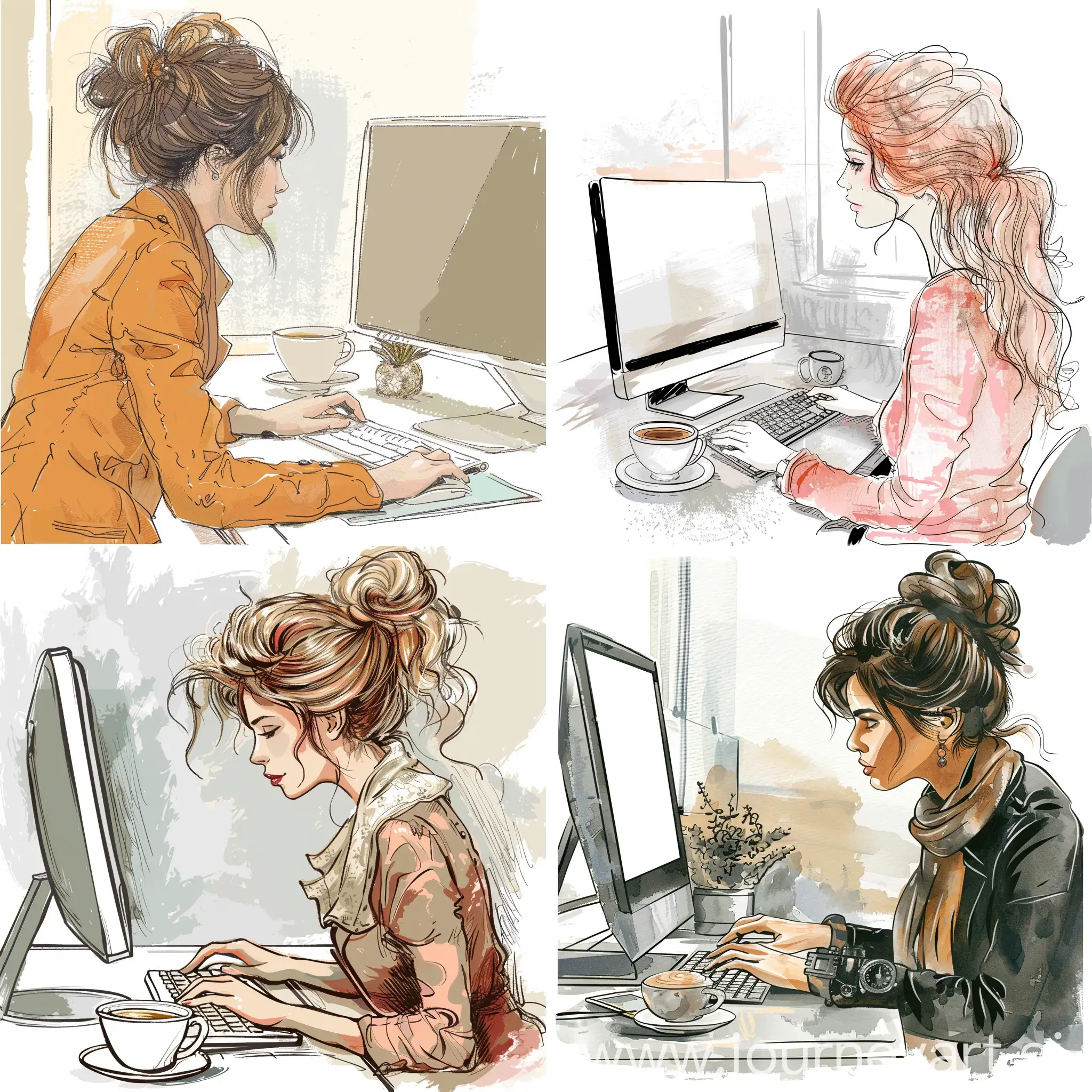 在电脑前打字的女孩，穿着时尚，背景是办公室，办公桌上有一杯咖啡，手绘风格
