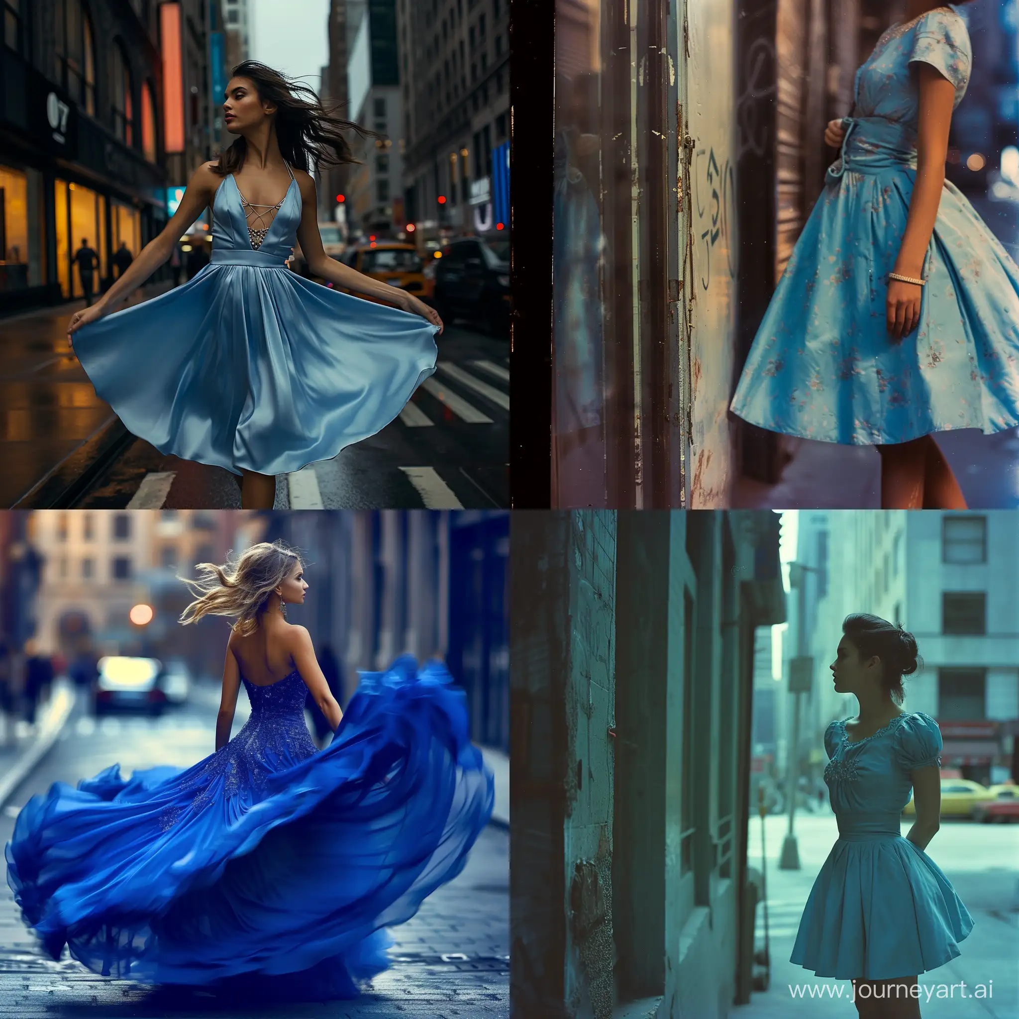 /imagine prompt photograph , lady wearing dress , in street, blue color 